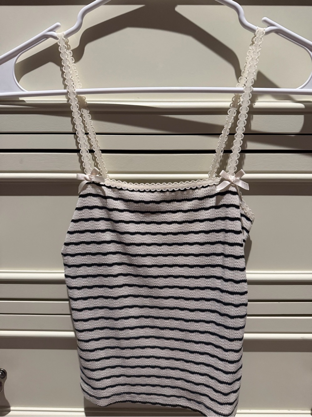 American Eagle Outfitters White and Black Striped Lace-Trim Cami Tank